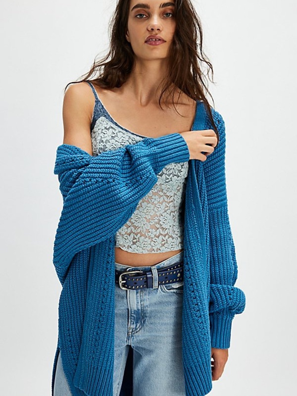 Free People in Fairyteal Teal Blue Nightingale Chunky Ribbed Open Cardigan